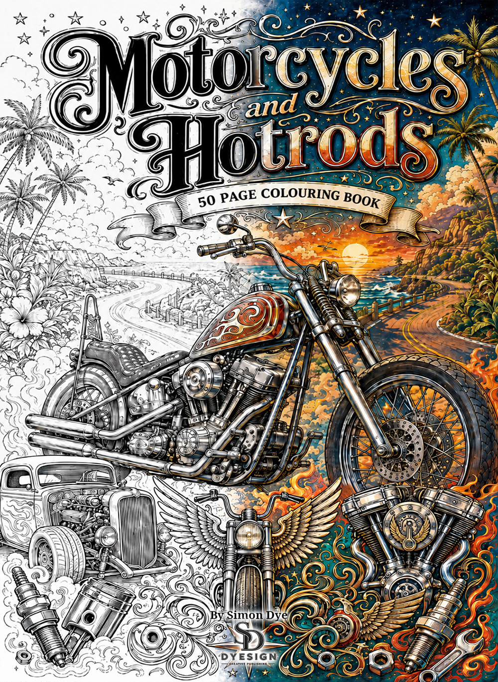 Classic Motorcycles and Hot Rods colouring book cover